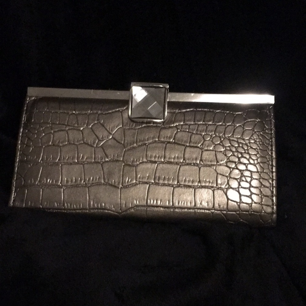 Faux alligator small Grey Clutch Bag With Silver Tone Crystal Like Clasp